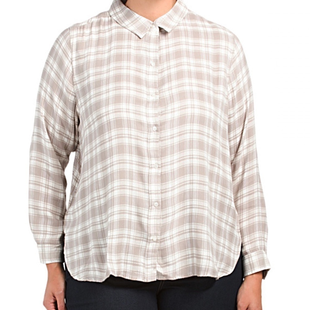 NWT Lucky Brand Plus Plaid Collared Button Down Shirt White/Tan